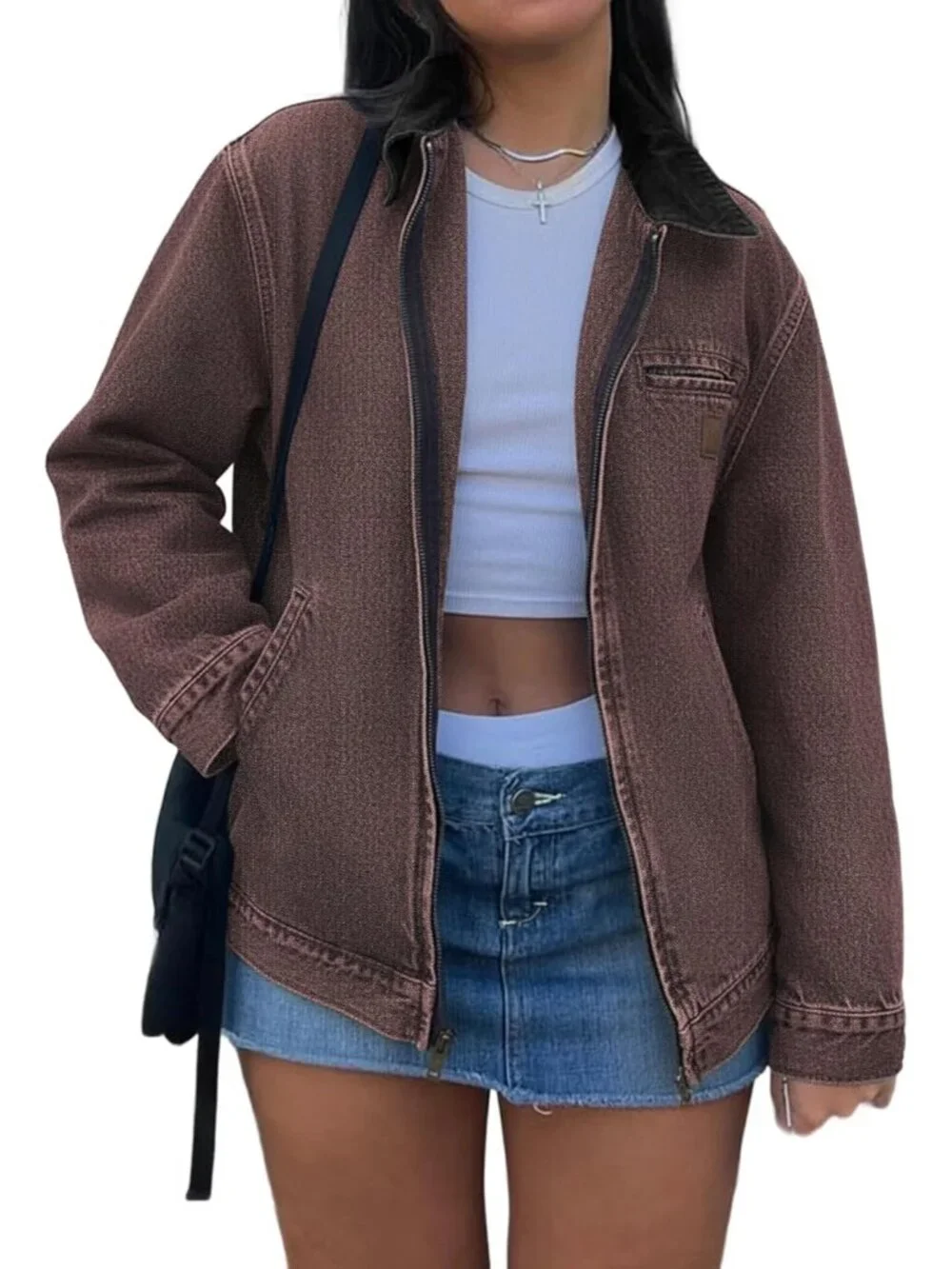 Women's Brown Cropped Zip Up Denim Lightweight Casual Fall Outerwear Jackets